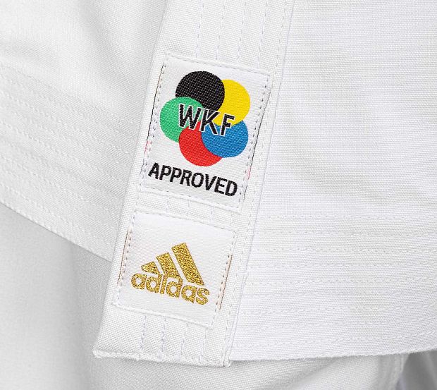 Кимоно для карате подростковое Adidas K300 Taikyoku Hybrid Cut WKF белое с золотым логотипом 620_553