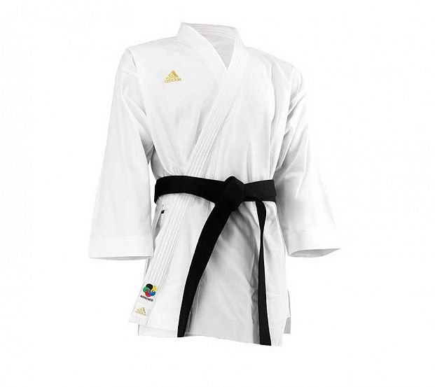 Кимоно для карате подростковое Adidas K300 Taikyoku Hybrid Cut WKF белое с золотым логотипом 621_553